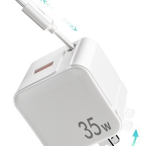 Universal Retractable Wall Charger,35W PD Fast USB Charger Block with Retractable Type-C&Lightning Cables for iPhone,Travel Charger,Portable Charger Adapter with Foldable Plug for iPhone 15-6,iPad,Air-Pods